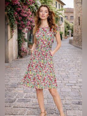 Boden Amelie Floral Jersey Dress Size 8 Rushed Waist Short Sleeve Pockets